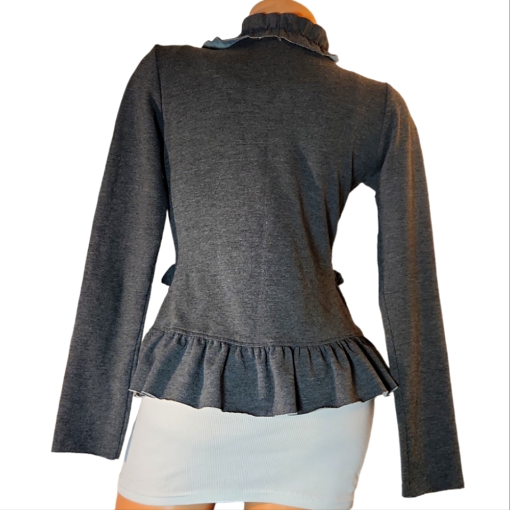 YA LOSANGELERS M GREY JERSEY KNIT RUFFLED COLLAR RETRO FAIRY CARDIGAN SWEATER - Picture 2 of 5